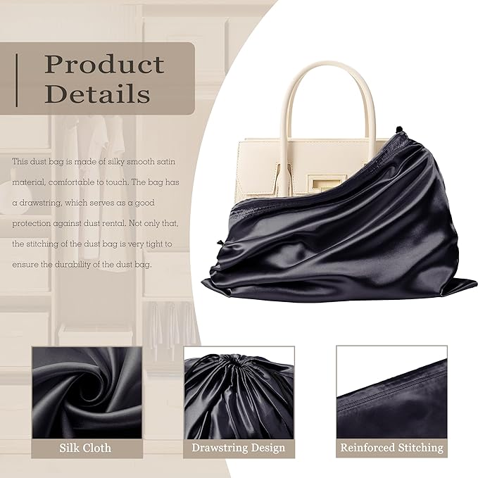 Vonty 3 Pack Silky Dust Bags for Shoes and Purses, Satin Drawstring Bag for HandBags Boots - Black Shoe Bag Silk Dust Cover Bag Protector Travel Storage Pouch(19.6 x 15.7 In)