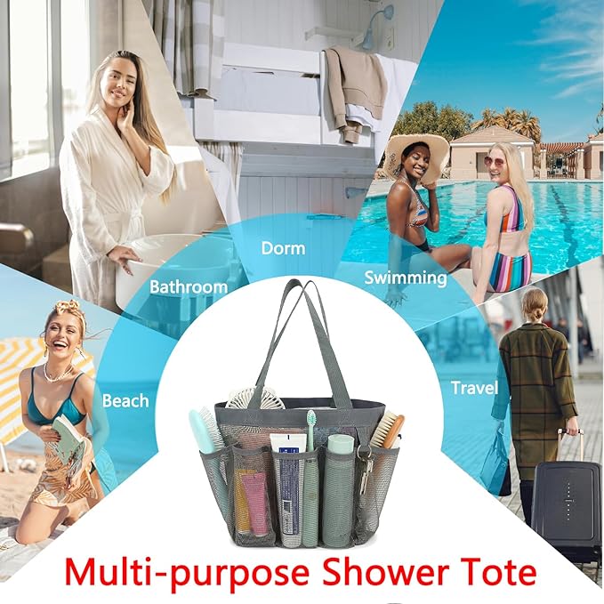 Fammart Mesh Shower Caddy Portable for College Dorm Room Essentials, 8-Pocket Large Shower Basket Tote Bag with 2 Handles for Toiletry, Bathroom, Beach, Camp, Gym