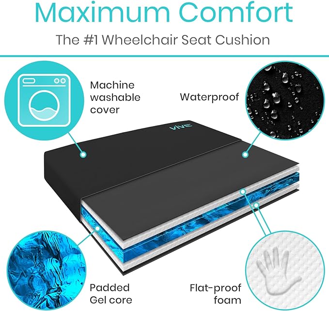 Vive Wheelchair Cushion - Gel Seat Pad for Coccyx, Orthopedic Back Support, Sciatica & Tailbone Pain Relief - Waterproof Cover + 4 Layer Foam Support & Comfort for Pressure Sore & Ulcers