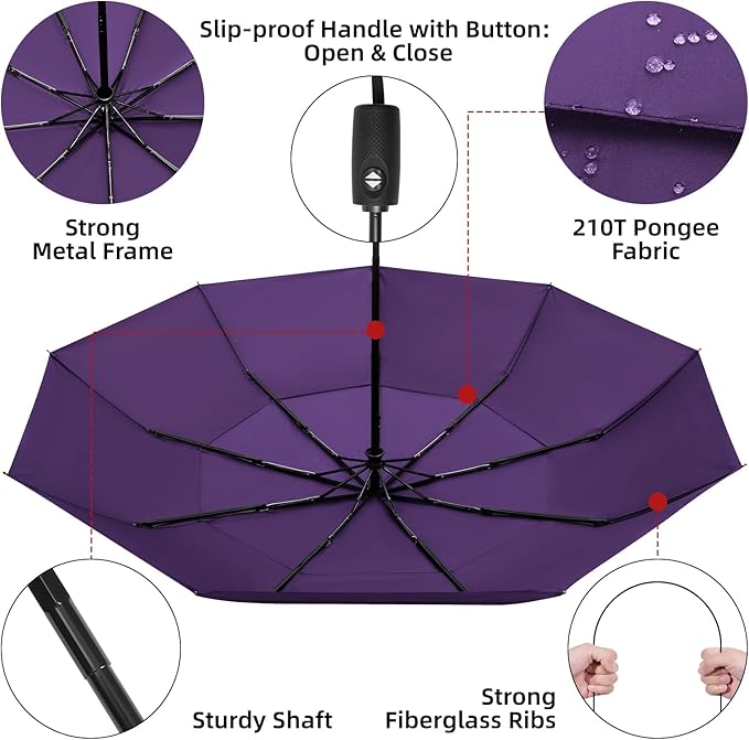 TradMall Travel Umbrella, 42/45 Inches Double Vented Canopy Windproof Automatic Strong Compact Folding Umbrellas for Rain Women and Men