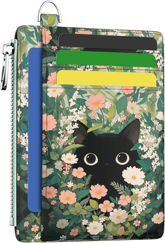 Hancynir Slim Wallet Women Credit Card Holder Cute Black Cat Floral RFID Small Mini Card Case Front Pocket PU Leather Thin Travel Zipper Coin Cash ID Window Girls Wallet Gifts