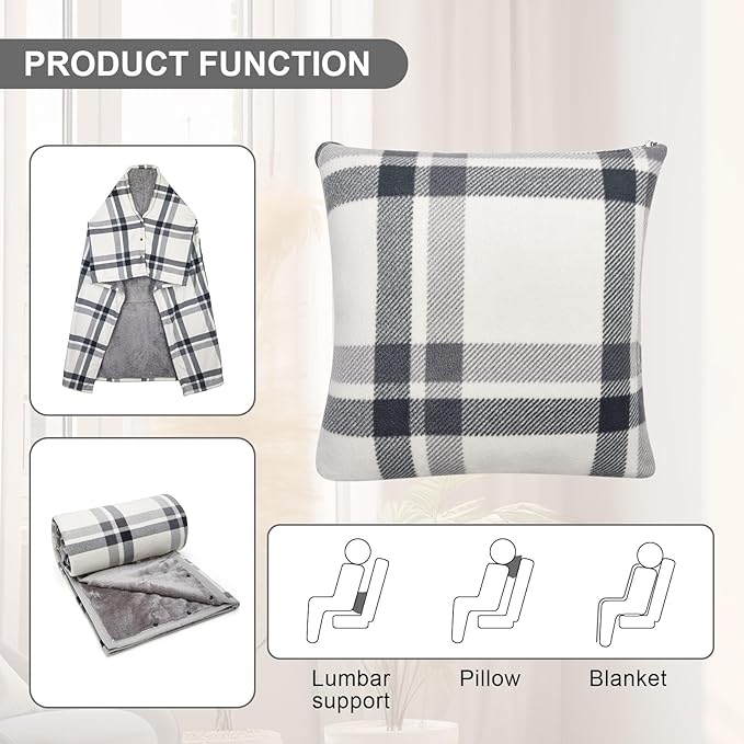 forestfish Wearable Blanket Compact Pillow 2-in-1, Lap Blanket Poncho with Button Plaid Throw Cushion for Home Office Sofa