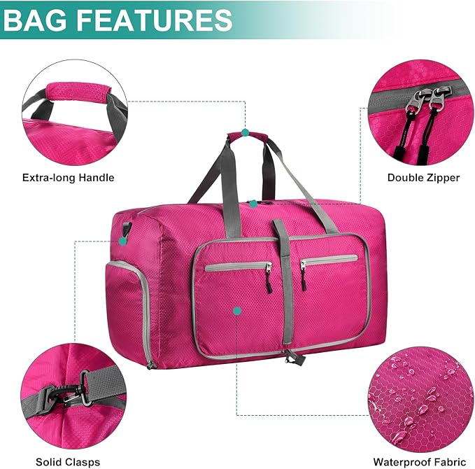 Dimayar Travel Duffle Bag for Men Women - Foldable Duffel Bag with Shoes Compartment - Overnight Bags Waterproof & Tear Resistant(65L,Fuchsine)