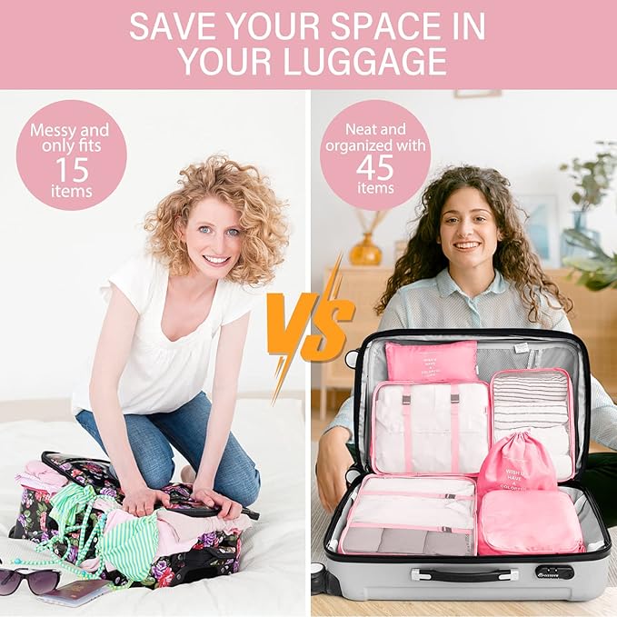KPX 8 Set Packing Cubes for Travel, Luggage Packing Organizers Accessories Large Toiletries Bag for Clothes Shoes Cosmetics (Pink)