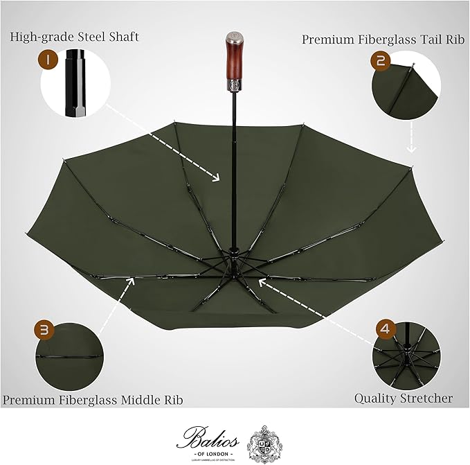 Balios (Designed in UK) Travel Umbrella Luxurious Golden Hardwood Handle Auto Open & Close Windproof Frame Single Canopy Automatic Folding Umbrella Men's & Ladies