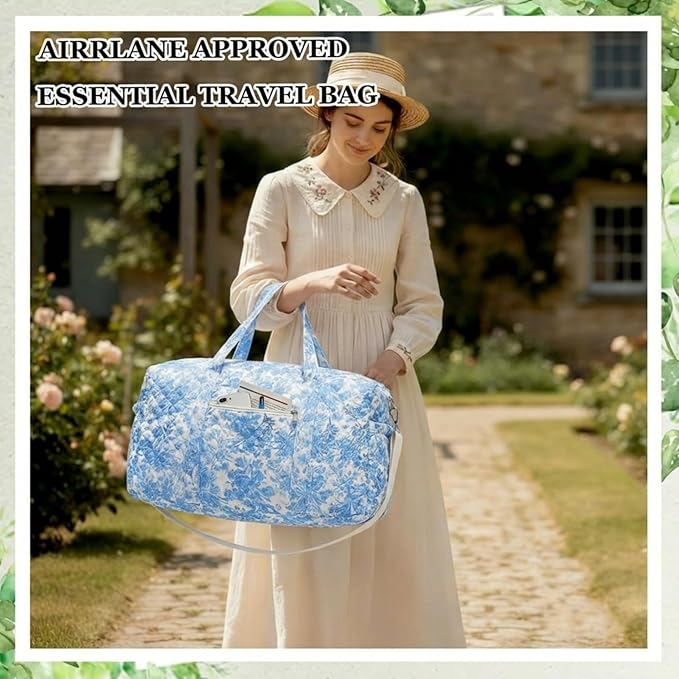 Large Quilted Travel Duffle Bag for Women Floral Portable Gym Weekender Bag with Zipper Pockets Workout Grocery Pouch Duffle Gift Pouch for Work(Blue Floral)