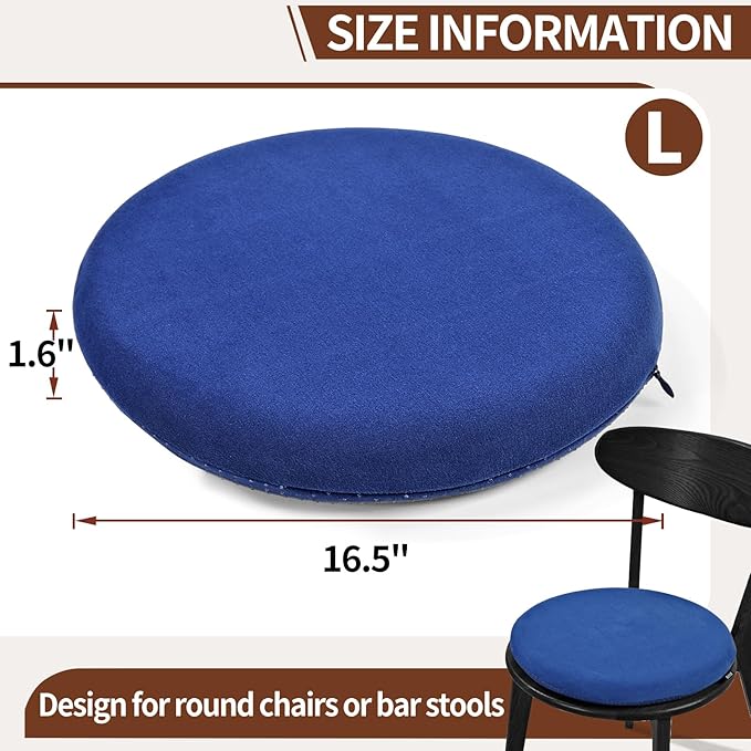 BUYUE Memory Foam Seat Cushion, Dia 16.5" Soft Velvet Round Stool Cushion Anti-Slip Chair Pads, L, Navy Blue