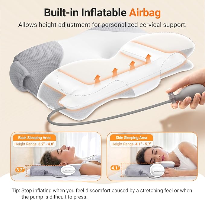 Inflatable Cervical Neck Pillow for Sleeping with Adjustable Support, Ergonomic Memory Foam Cloud Pillow, Neck Support Pillow for Back, Side & Stomach Sleepers, Posture Pillow with Ice Silk Pillowcase