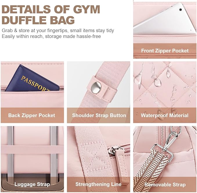 Gym Bag for Women, Duffle Weekender Bags for Travel, Lightweight Weekender Tote with Wet Pocket for Sports, Workout and Dance Pink