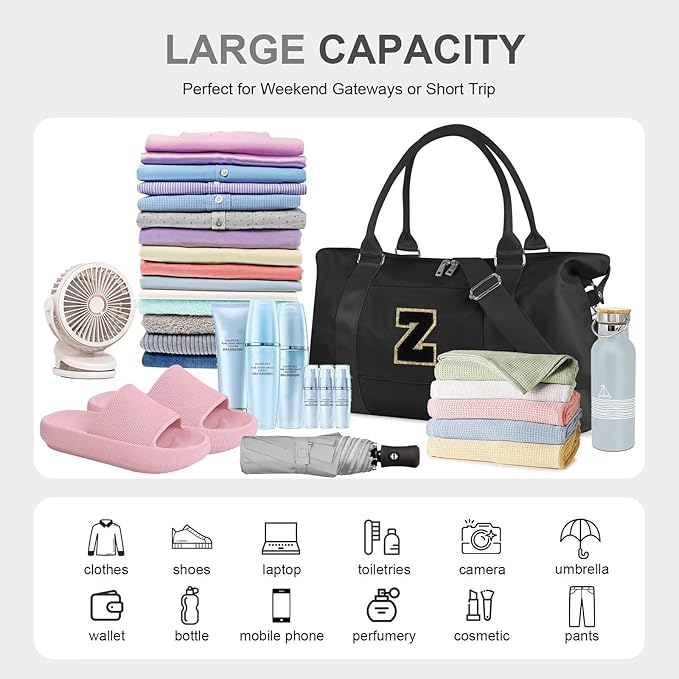 Dance Gym Duffel Bag for Teen Girls, Personalized Initial Travel Weekender Bag,Cute Overnight Carry On Duffle for Women,Sports Travel Cheer Bag,Monogram Christmas Gifts for Tween Preppy(black-Z)