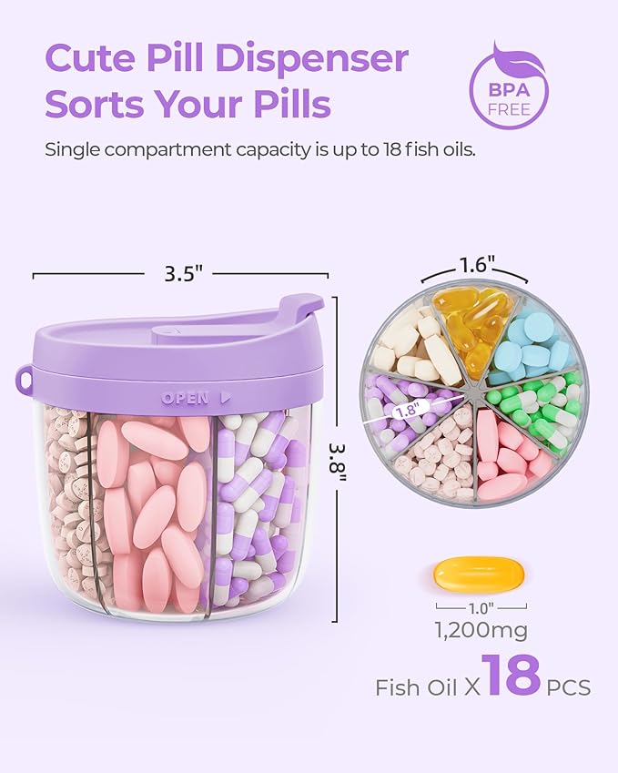 Cute Pill Dispenser with 7 Large Compartments, Portable Pill Bottle Organizer with Wide Opening for Easy Use, Anti-Mix Pill Organizer for Travel, BPA-Free Pill Container, Purple