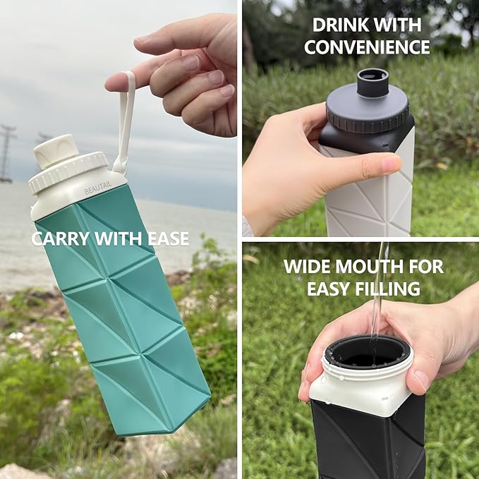Collapsible Water Bottles, Silicone Foldable Water Bottle 610ml, BPA-Free Portable Reusable Leakproof Bottle for Gym Travel Camping Hiking Sports Outdoor, 1 Pack (Dark Blue)