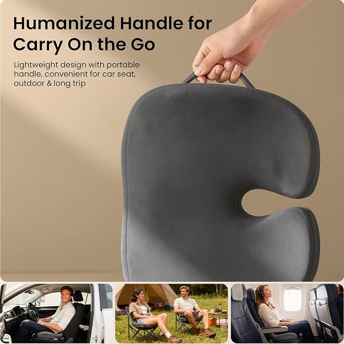 Seat Cushions for Office Chairs, Car Seat - Patented Coccyx Cushion for Tailbone Pain - Memory Foam Butt Cushion for Pressure Relief - Carry Handle & Non Slip Bottom (Grey)
