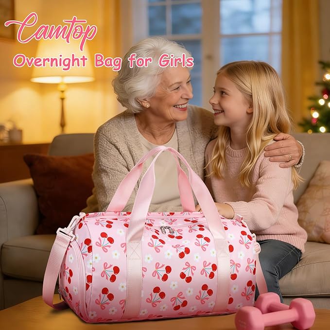 CAMTOP Kids Duffel Overnight Bag Boys Girls Toddler Weekender Carry-On Personalized Tote for Travel Gym Sport (B-Pink Cherry)