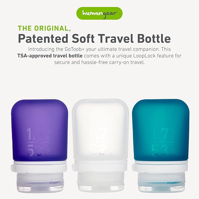humangear GoToob+ Refillable Silicone Travel Size Bottles with Locking Cap, 3pk Set, Clear/Purple/Teal, Small (1.7 fl.oz; 53ml)
