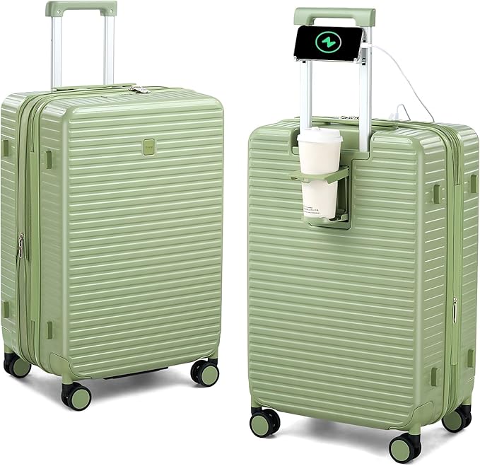 HanTrip Hard Shell Suitcases Travel Expandable Luggage, 24 Inch Check in Luggage with Spinner Wheels Cup Holder Charger Built in, Checked Medium Suitcase Lightweight Suitcases, Bamboo Green