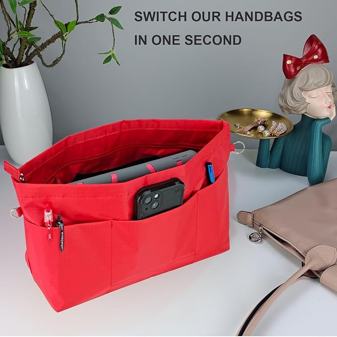 Time Wing Handbag Tote Purse Organizer Insert Bag Liner Shaper Divider Zipper 11 Pockets Compartments Small Red