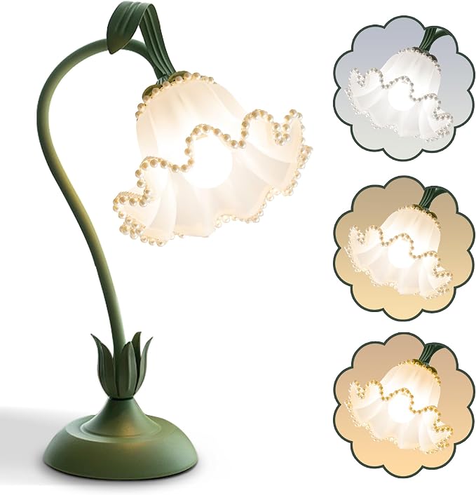 Flower Table Lamp, LED Reading Light Vintage Night light (Green Pearls) | 3 Colors Modes Kawaii Bedside Lamps Decor,Living Room Bedroom Room Lighting Table Lamps Home Decoration
