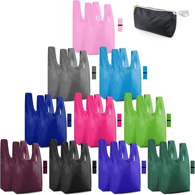 BeeGreen Colorful Reusable Grocery Bags Bulk Gifts 20 Pack - Large Tote with Zipper Pouch | Foldable & Washable Polyester Shopping Bags Heavy Duty Animal Lover Gifts Reusable Bag With Handles