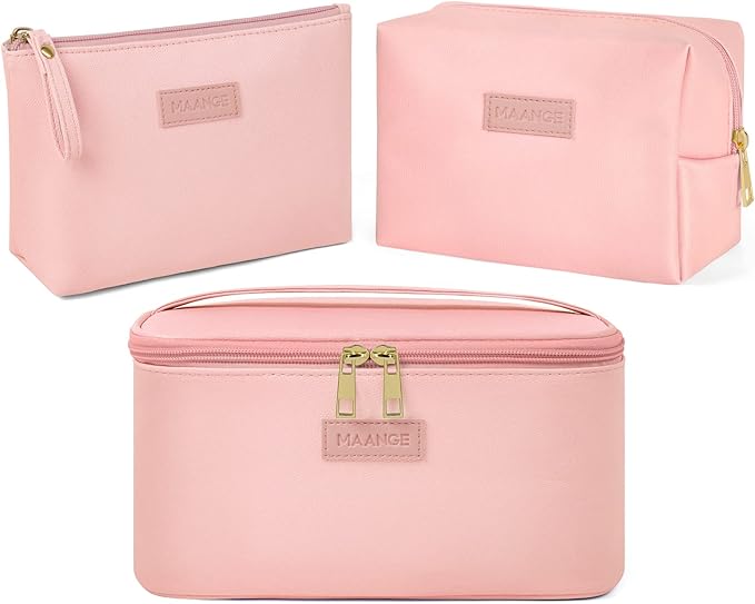 MAANGE Travel Makeup Bag - Large Makeup Bag with 2pcs Small Makeup Bag Portable Leather Cosmetic Bag Toiletry Bag Make Up Bags for Women and Girls (Pink)