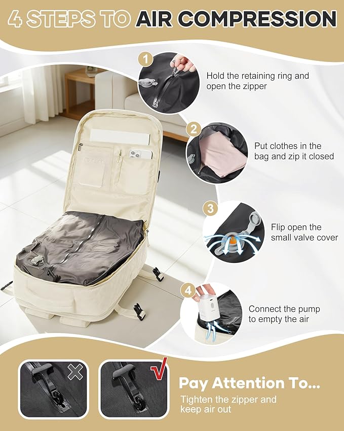 VECAVE Vacuum Travel Backpack with Pump for Women,Personal Item Carry on Backpacks Flight Approved 18x14x8 inches for Men,Laptop Waterproof Work Compression bags Casual Daypack Beige.