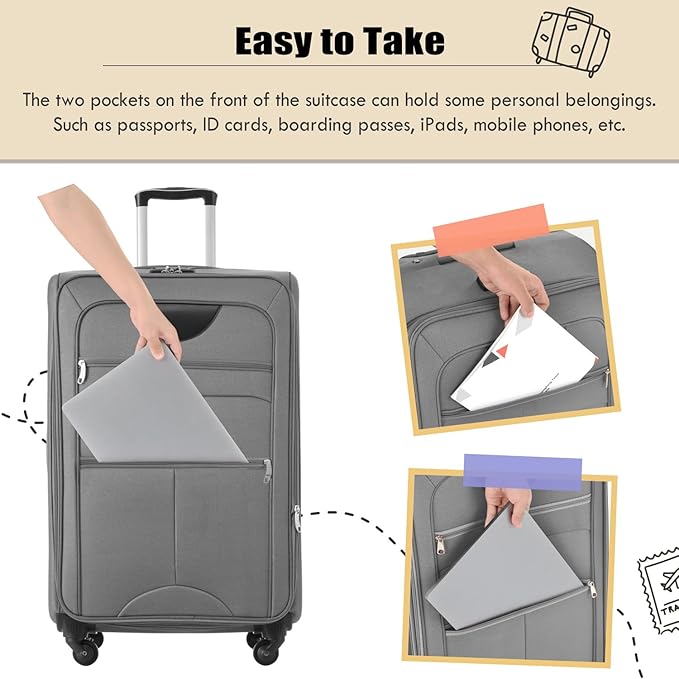 Luggage Sets Softside Expandable 3 Piece Set Lightweight Suitcase with Duffel Bag Upright Spinner Softshell, TSA Lock Carry On for Business for Family Travel (Grey, 22"/26"/30")