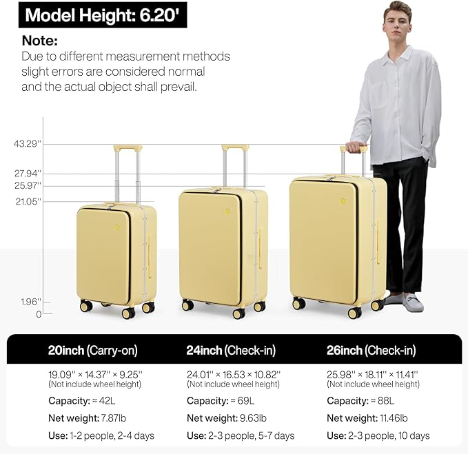 mixi 24 Inch Checked Luggage PC Hard Shell Suitcase Top Opening Aluminum Frame Travel Suitcases with Wheels, Lark Yellow