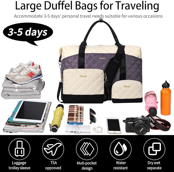 Weekender Bag, Large Travel Duffel Bag for Women, Carry on Overnight Bag with Shoe Compartment and Toiletry Bags