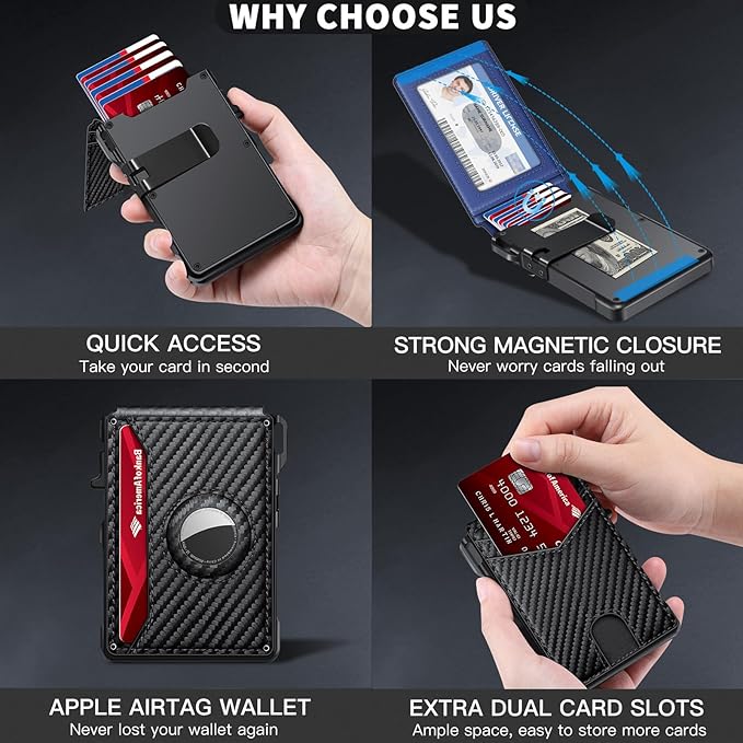 Airtag Wallet for Men, Mens Smart Wallet for Air Tag RFID Blocking, Minimalist Bifold Pop Up Aluminum Credit Card Case Holder 12+ Cards with ID Window, Gift for Men, No Airtag Included, Carbon Blue