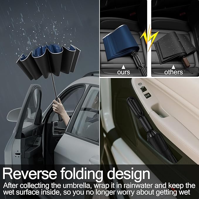 Windproof Compact Travel Umbrella,Large Strong but Light Portable and Automatic Folding Rain Umbrella, small inverted for travel size