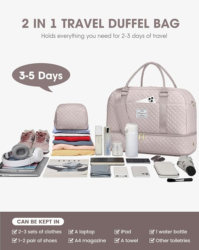 Weekender Bags for Women Travel Bag - Duffle Bag with Shoe Compartment Carry on Overnight Bag for Women Hospital Bags for Labor and Delivery 2Pcs Set Nude Pink