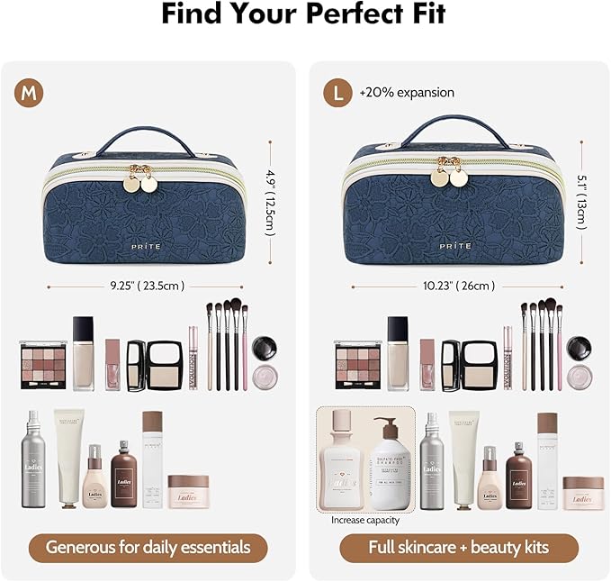 Prite Makeup Bag for Women Travel Waterproof Vegan Leather Cosmetic Bag Open Flat Toiletry Bag With Clear Divider and Handle (Large Blue Flower)