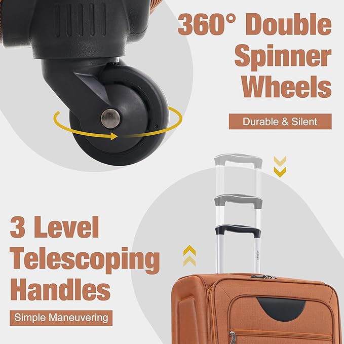 Merax Softside Luggage Set Softshell Lightweight 3 Piece Spinner Suitcase with Duffel Bag Expandable Upright Travel Luggage 22" 26" 30",Orange