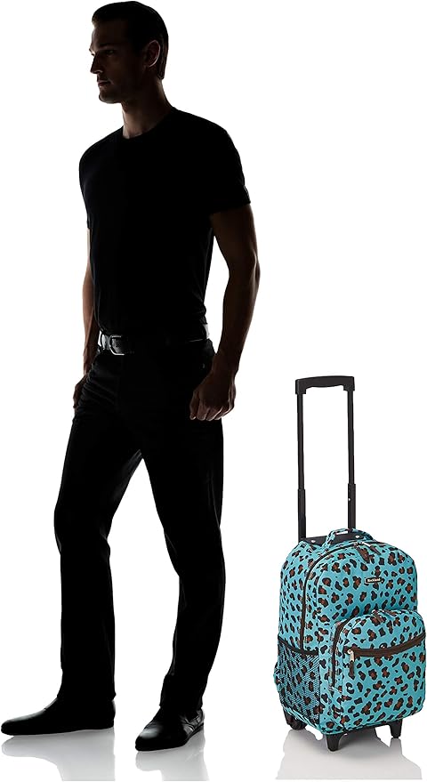 Rockland Double Handle Rolling Backpack, Blue Leopard, 17"