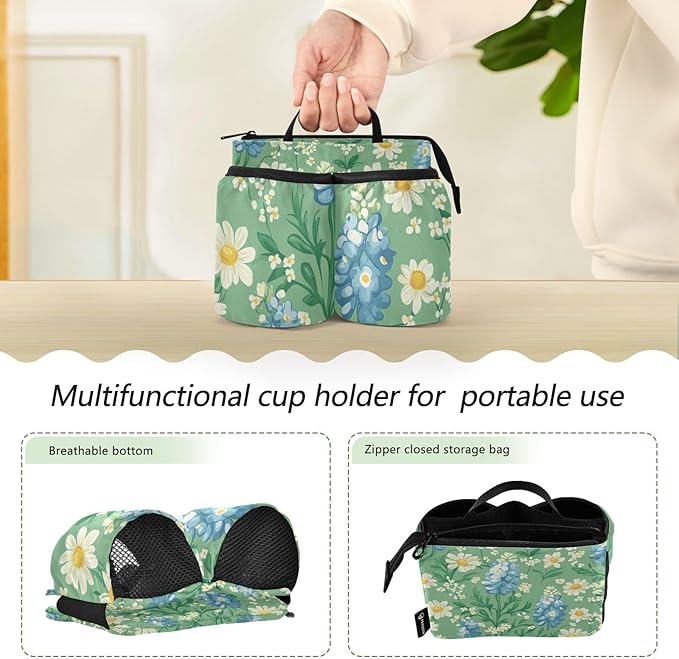 Mint Green Bluebonnet and Daisy Flowers Luggage Cup Holder Travel Portable Free Hand Drink Carrier Suitcase Drinks Beverage Holder Carry-On Bottle Mug Holder Organizer Bag Travelers Accessorie