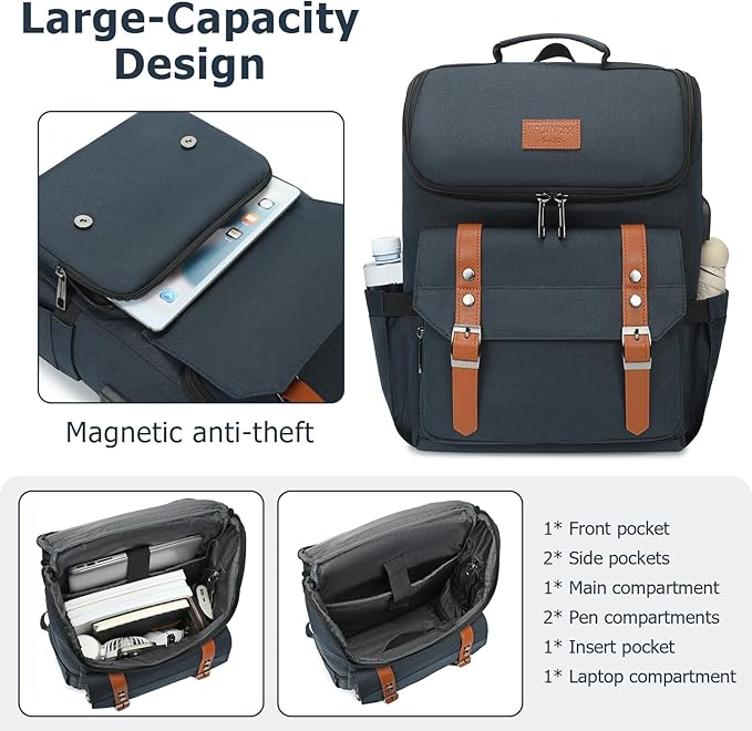 YALUNDISI Vintage Backpack Travel Laptop Backpack with usb Charging Port for Women & Men College Backpack Fits 15.6 Inch Laptop Blue Brown