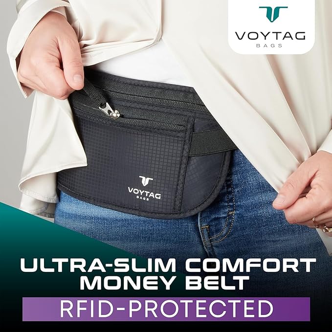 Travel Money Belt & Passport Holder - RFID Blocking Slim Travel Wallet & Fanny Pack for Men and Women - Essential Travel Pouch for Cash, Credit Cards, and Documents (Grey)