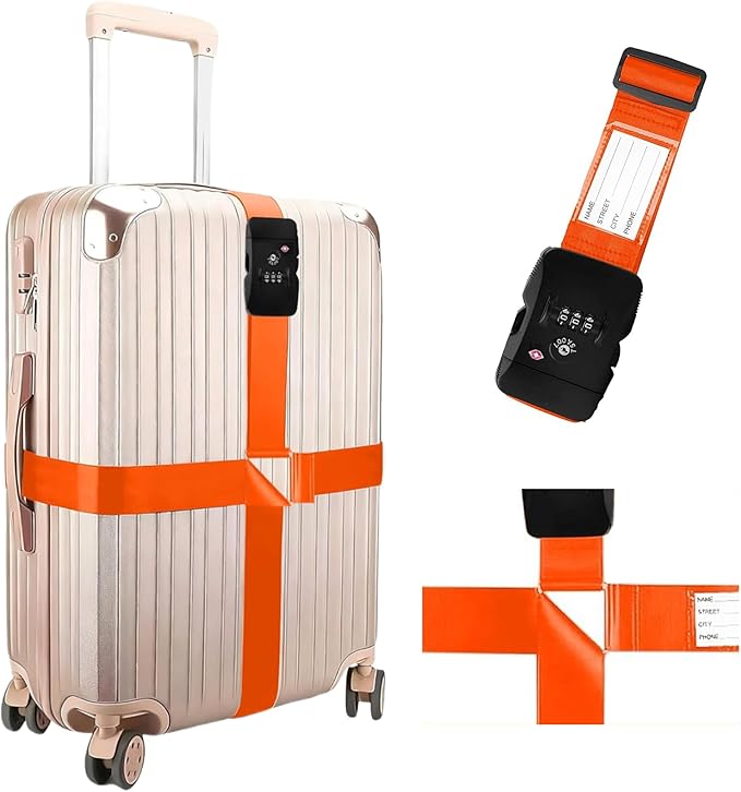 Luggage Straps, Orange TSA Approved Cross Luggage Strap Belt with Combination Lock for Suitcases, 1 Pack Adjustable Heavy Duty Cross Style Suitcase Straps with Name Tags for Travel, Carry On Bags