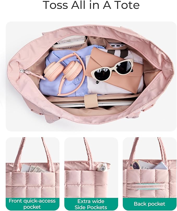BAGSMART Expandable Tote Bag for Women, Puffer Work Tote Handbag, Quilted Carry On Bag for Travel Gym