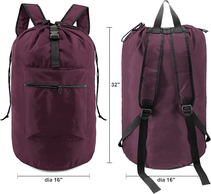 BeeGreen Laundry-Bag-Backpack-Heavy-Duty, Burgundy Nylon Drawstring Portable Laundry Backpack Foldable Extra Large Dirty Clothes Travel Bag College Dorm Apartment Essentials