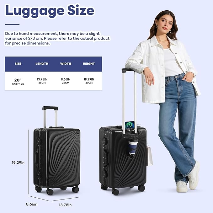 20 Inch Carry On Luggage, Zipperless Luggage with Spinner Wheels, Airline Approved Suitcase with Cup Holder, TSA Lock and USB Charger for Travel, Black