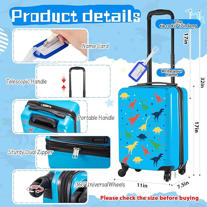 Redbaker 17 Inch 6 Pcs Kids Luggage Set Kids Rolling Luggage Double Pattern Suitcase for Boys Girls (Dark Blue, Dinosaur Style)