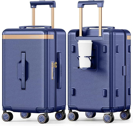 Joyway 22 Inch Carry on Luggage with Cup Holder, Hard Shell Carry-on Suitcases with Shock Absorbing Spinner Wheels, Lightweight Luggage with TSA Lock for Women Men, Blue
