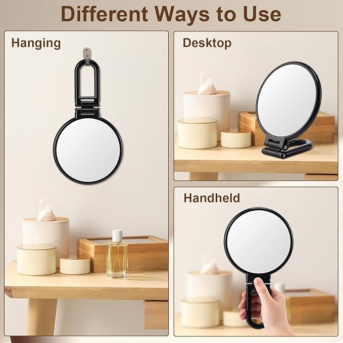 BOOMIBOO 1X/10X Magnifying Handheld Mirror Double Sided, Foldable Travel Makeup Mirror, Adjustable Rotation Pedestal Hand/Hanging/Desk Vanity Mirror-Black