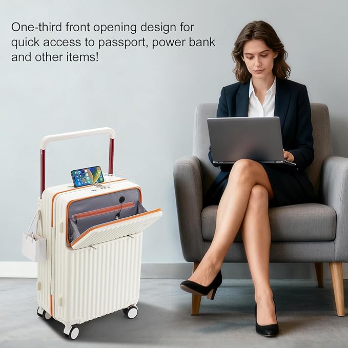 20 Inch Carry On Luggage with Spinner Wheels,PC Hard Shell Suitcase with USB Port,Lightweight Travel Luggage Airline Approved for Men Women, White