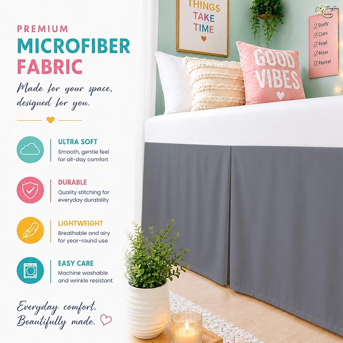 Cottington Lane Tailored Box Pleated College Dorm Bed Skirt Twin XL, Hotel Quality Premium Brushed Microfiber Extra Long Bedskirt Twin XL 32 Inch Drop, Dark Grey Dorm Bedding