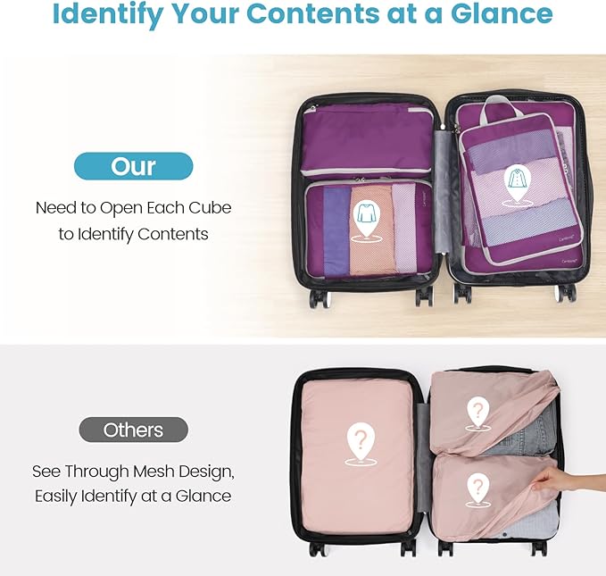 Cambond Compression Packing Cubes - 4 Set See Through Mesh Packing Cubes for Travel, Expandable Travel Essentials Packing Organizers for Carry on Suitcases with 3-in-1 Underwear Bag, Purple