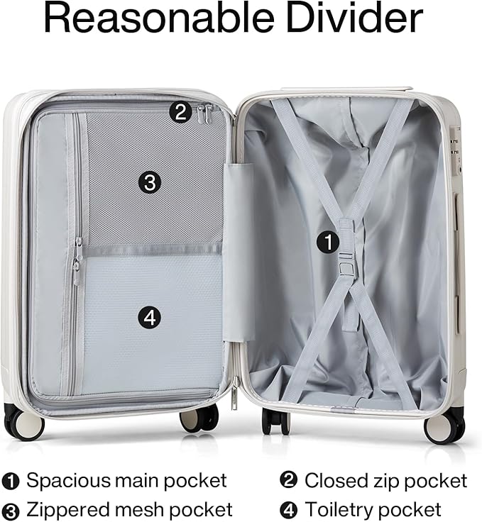 Hanke 24 Inch Expandable Checked Luggage Lightweight PC Hard Case luggage Suitcases with Wheels Travel Luggage Rolling Large Suitcase Travel Luggage Bag for Go To University.(Ivory White)