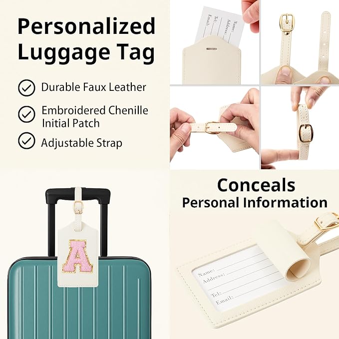Initial Luggage Tag, PU Leather Luggage Tag, Embroidered Luggage Tag, Letter Luggage Tag, Monogrammed Luggage Tag, Luggage Tag for Baggage Bag Suitcase (A, White Leather+Pink Letter)