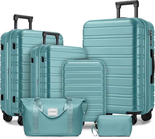 6 Piece Luggage Set Hard Shell - Misty Blue Expandable Suitcases with Spinner Wheels and Duffel Bags for Family Travel, Durable Carry On Luggage Sets with Lock for Women and Men